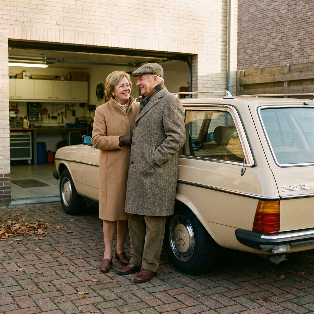 Ouder koppel met youngtimer Mercedes