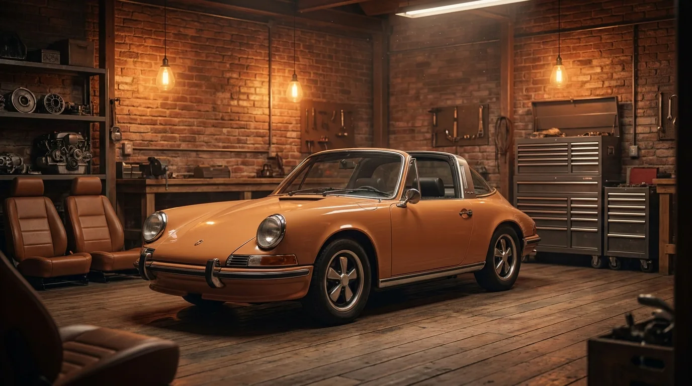 Klassieke wagen in restauratie-werkplaats tijdens inspectie