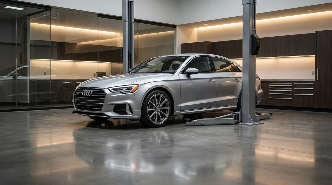 Premium sedan op professionele brug tijdens schade-herstel