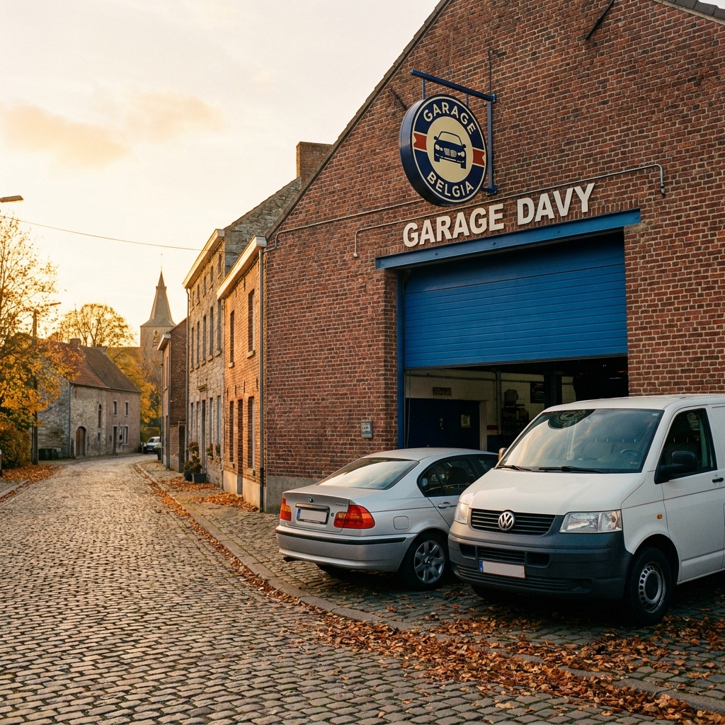 Buitenkant Garage Renard Sint-Truiden met blauwe roldeur en bakstenen gevel