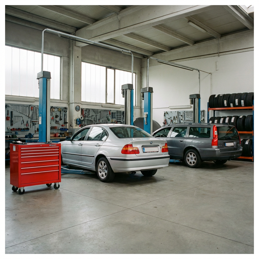 Binnenzicht werkplaats met BMW en Volvo op de bruggen