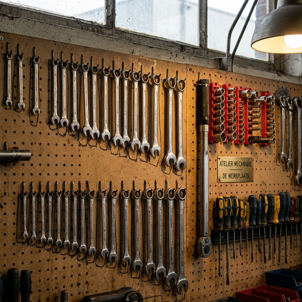 Gereedschapswand met ordelijk opgehangen sleutels en specialistische tools